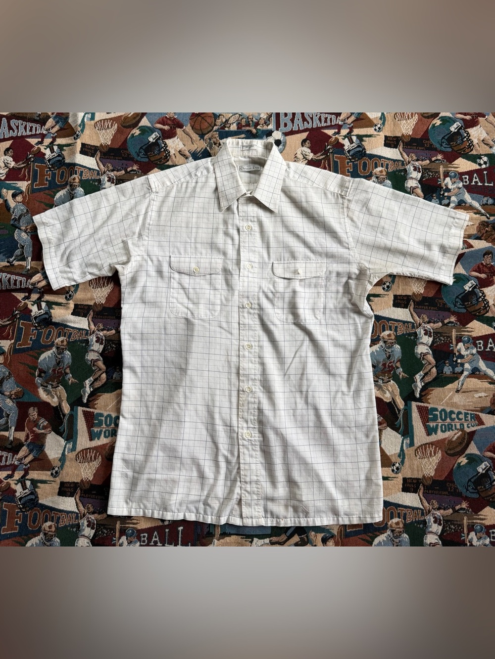 Vintage 80s Men’s Christian Dior White Grid Button Up Shirt